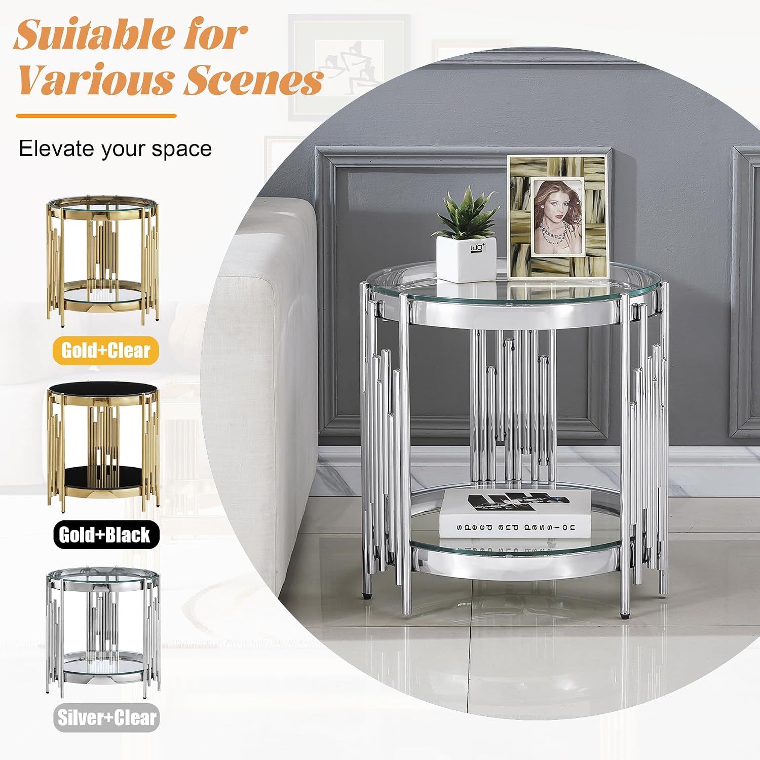20' Round Glass End Table, 2-Tier Silver Side Table with Stainless Steel Legs and Clear Tempered Glass, Modern Luxury End Table for Living Room Home Office