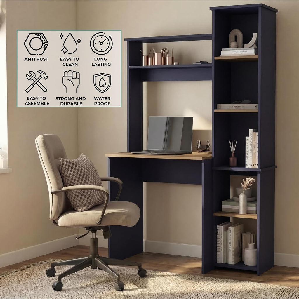 TUHOME Versalles Writing Desk with Large Monitor Shelf,Keyboard Tray and Five Side Open Storage Compartments,Modern Space-Saving Office Desk for Studios,Workspaces or Bedrooms, Functional Organization
