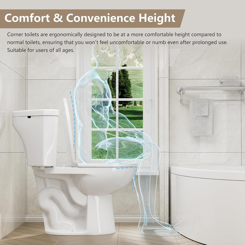SUPERFLO 17.2' Corner Toilet Elongated, Compact Two-piece Toilets with Comfort Height Toilet Bowl & Slow Close Seat, Small Toilets For Small Bathroom-Dual Flush 0.8/1.28 GPF