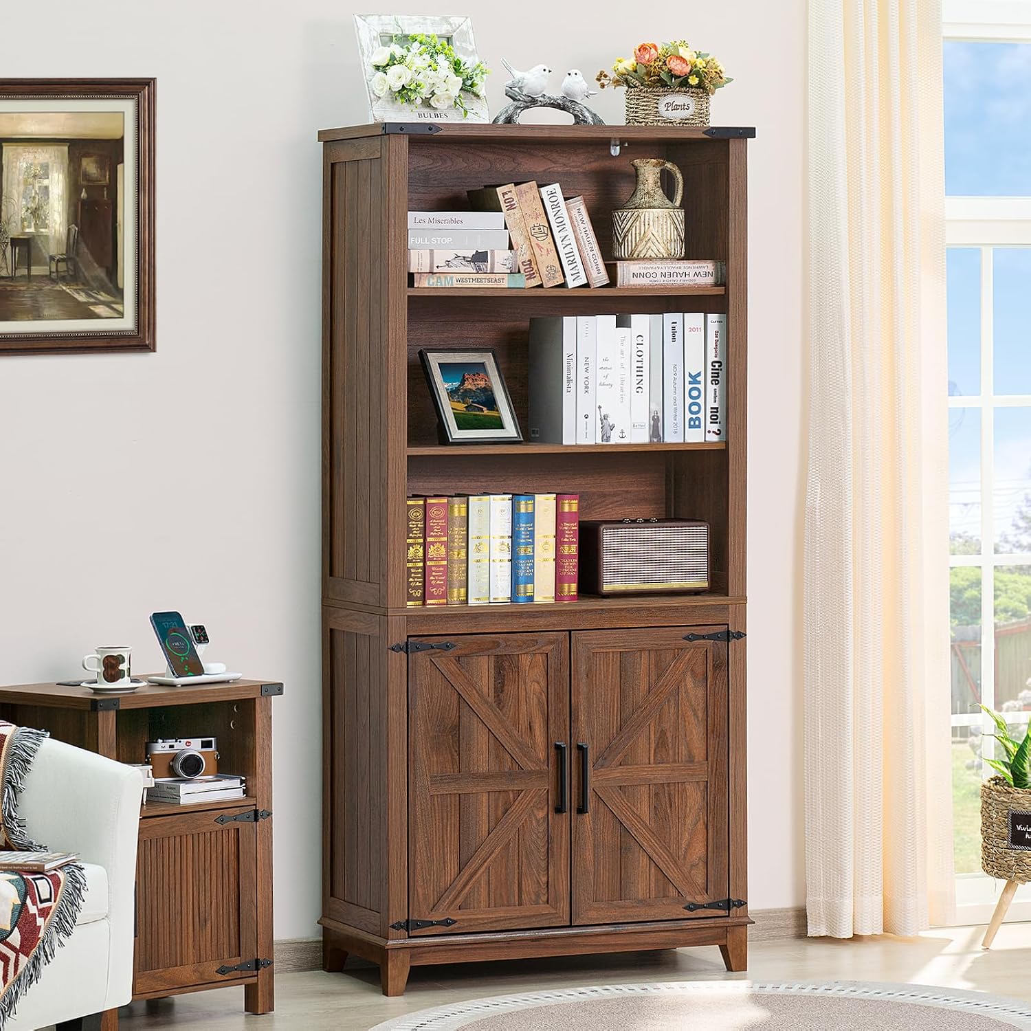 Joaxswe 70in Tall Bookshelf 5 Tier Bookcase with Barn Doors and Adjustable Shelves, Brown Farmhouse Book Shelf with Storage Cabinet, Wood Freestanding Display Bookshelves for Bedroom, Living Room