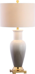 JONATHAN Y 31.5' White/Gray Dip Dye Ceramic Table Lamp for Living Room, Large Bedside Lamp for Bedroom with White Linen Drum Shade, Traditional End Table Light, LED Bulb (JYL3017B)