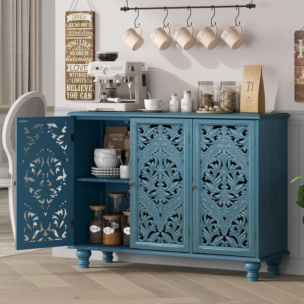 JOINICE Accent Cabinet with 3 Carved Doors, Distressed Blue Sideboard Buffet with Storage & Solid Wood Legs, 43' Vintage Console Table for Living Room, Entryway, Coffee Bar, Hallway