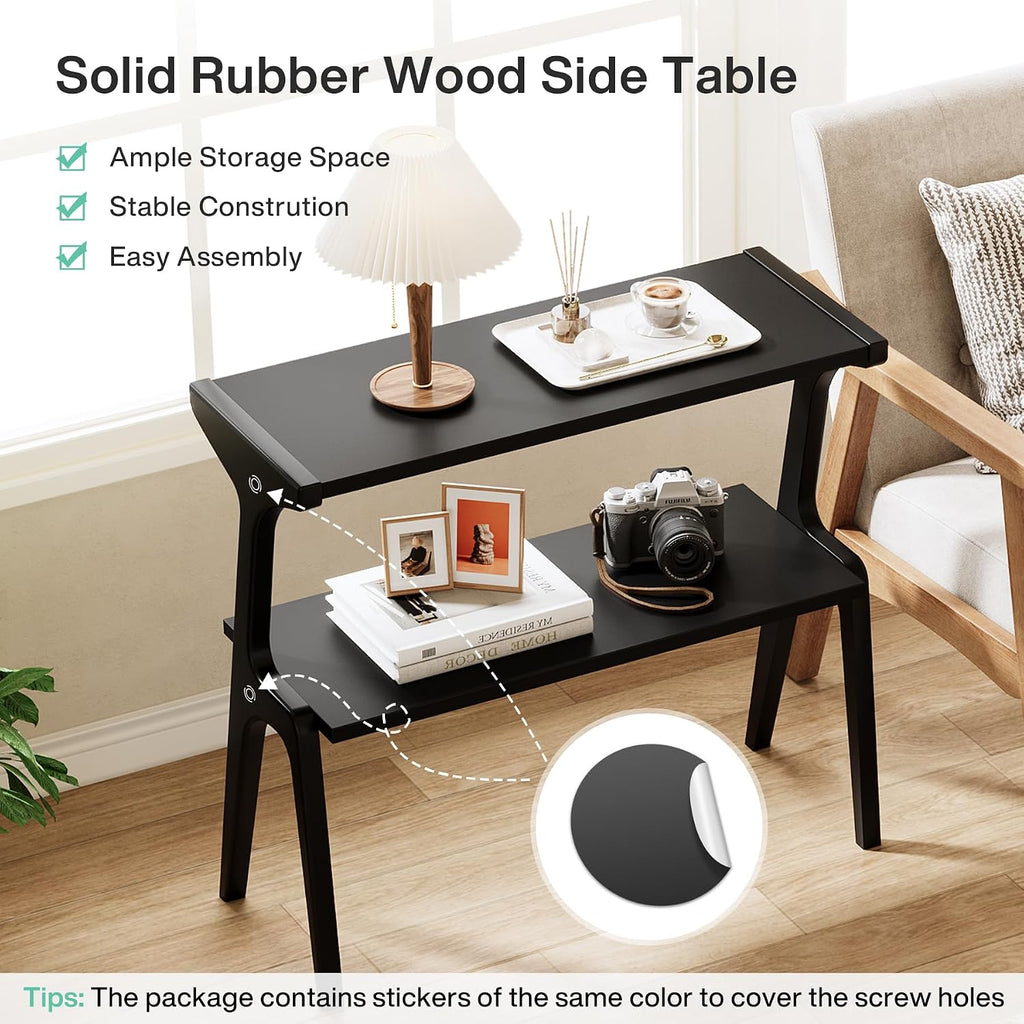 Tribesigns Set of 2 Solid Wood End Table, Modern Side Table for Couch, 2-Tier Narrow Tall End Table, Long Bedside Table for Living Room, Bedroom, Black