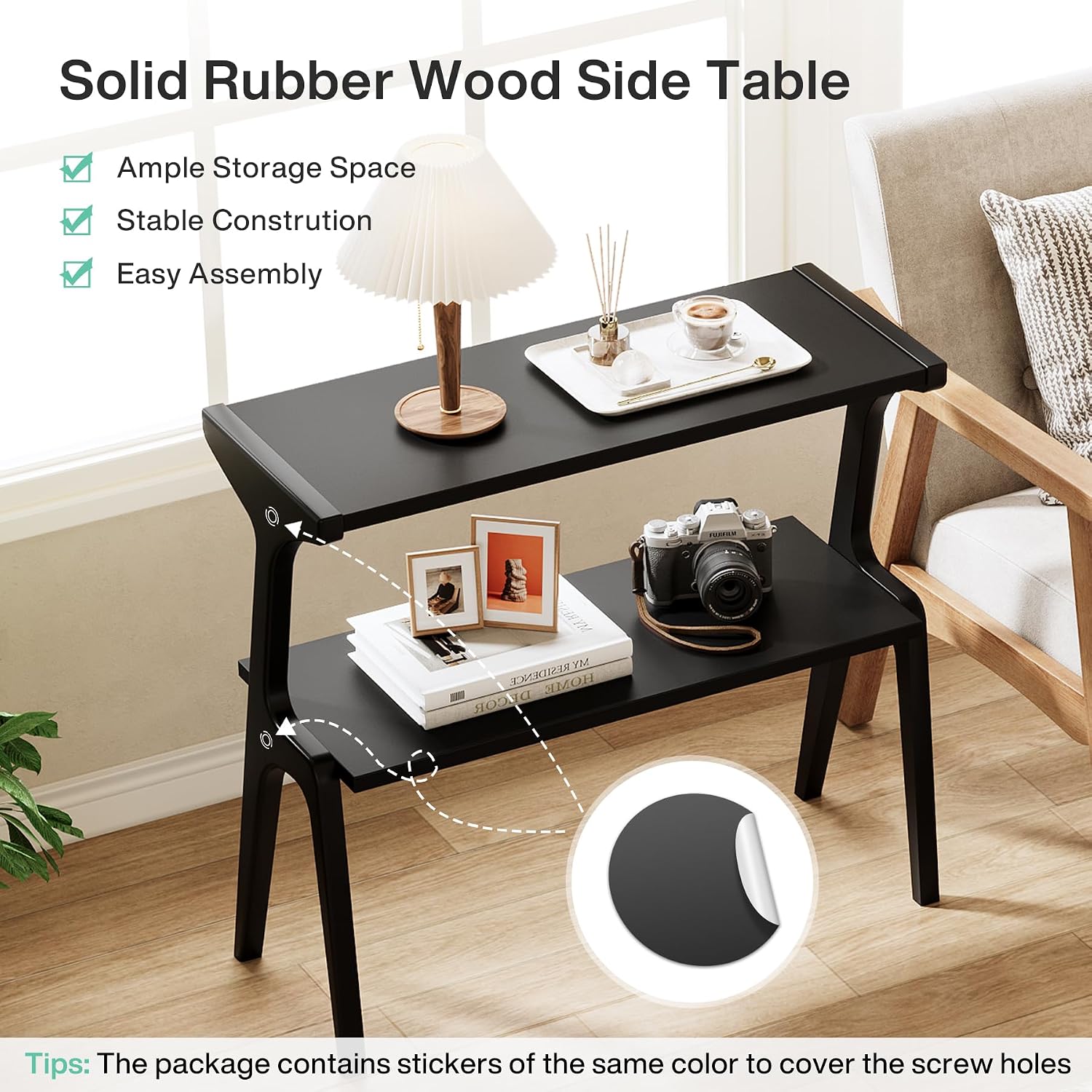 Tribesigns Set of 2 Solid Wood End Table, Modern Side Table for Couch, 2-Tier Narrow Tall End Table, Long Bedside Table for Living Room, Bedroom, Black