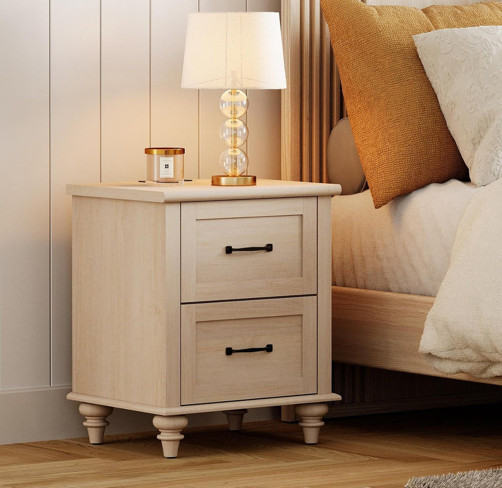 WAMPAT Set of 2 Nightstands Side Table with Charging Station, Beige End Tables with 2 Drawers for Living Room, Elegant Night Stand Bedside Table for Bedroom, Dorm