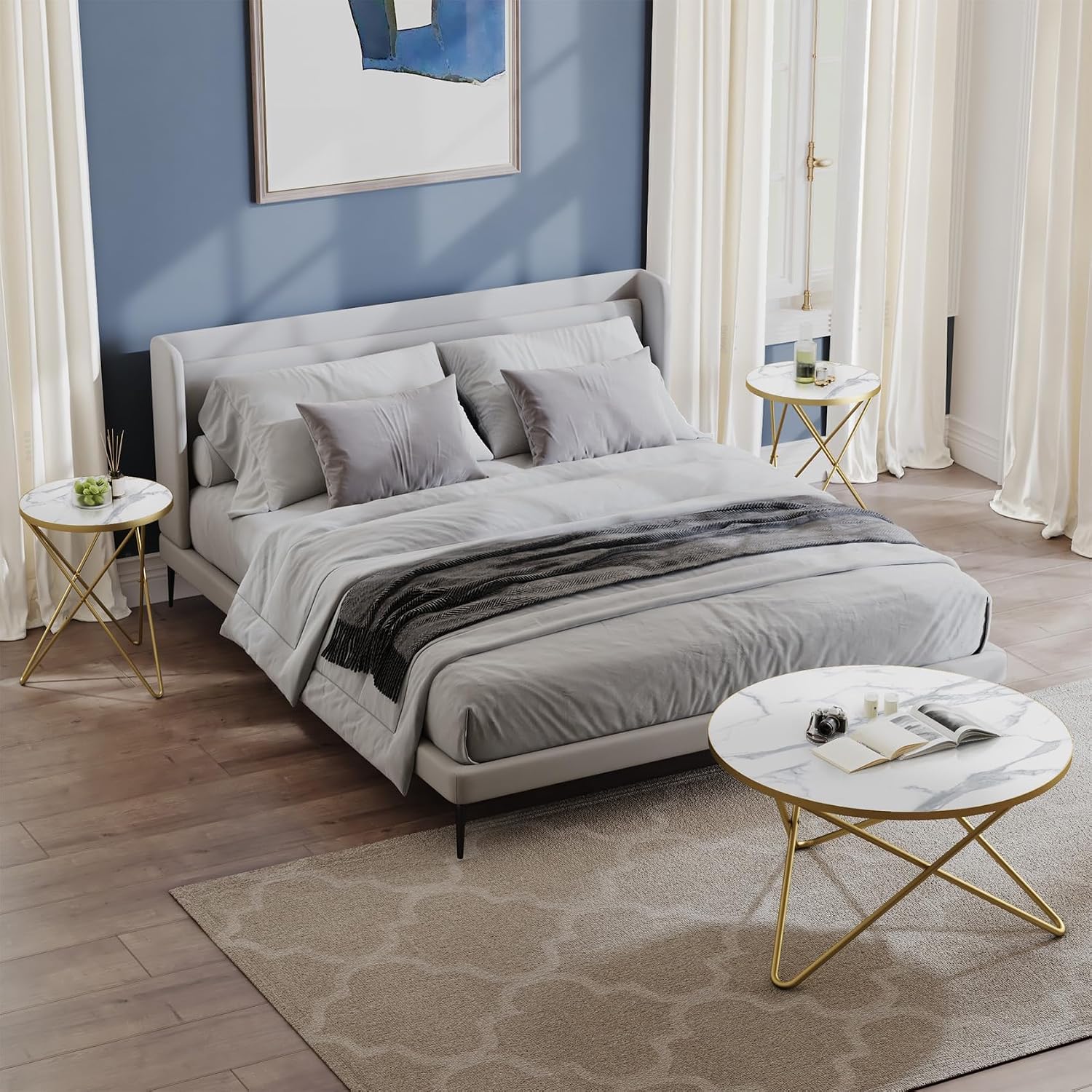 HLR Modern Round Coffee Table and Side Table Set of 3,End Table with Faux Marble Top and Gold Metal Frame, Side Table for Living Room, Bedroom, Sofa and Couch, Gold Legs, White Marble Top