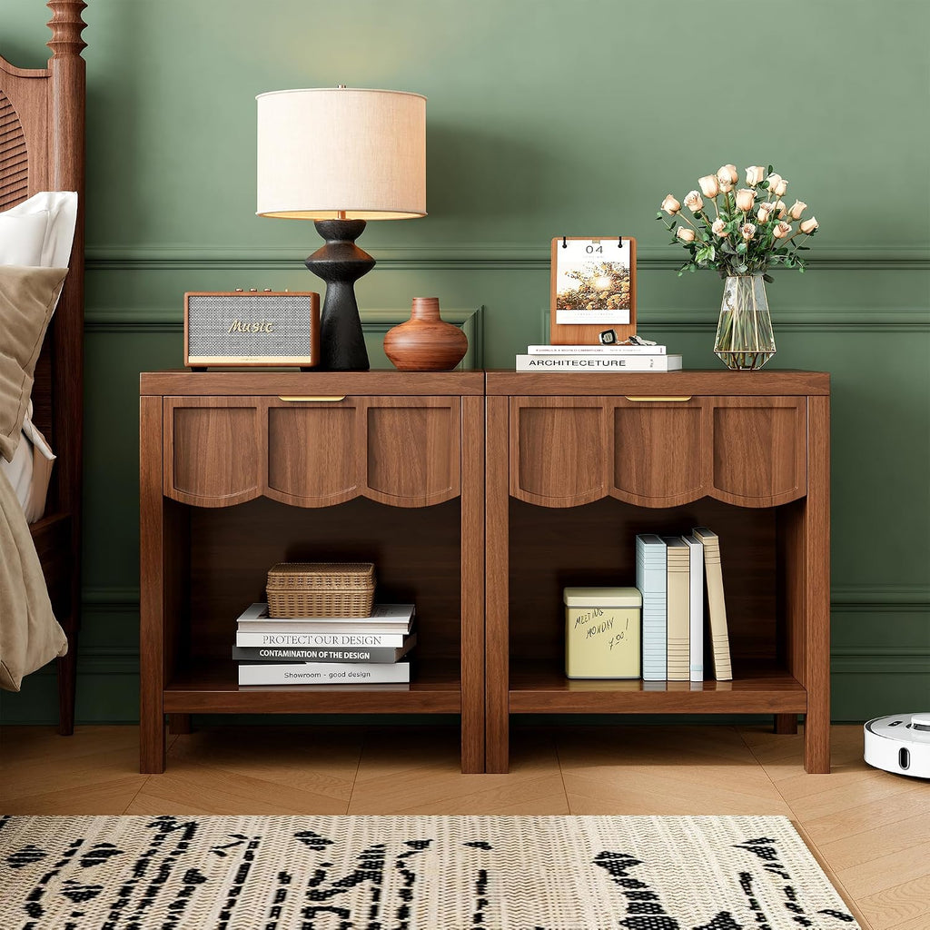 24' Nightstand Set of 2, Solid Wood End Table with Wave Panel Drawer, Mid Century Modern Chest of Drawers, Wooden Side Table Bedside Table for Bedroom, Living Room, Small Space, Walnut