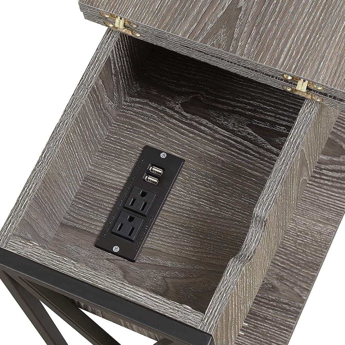 Convenience Concepts Tucson Flip Top End Table with Charging Station 23.75' - Modern Living Room Table with Storage Shelf, Nightstand Side Table, Weathered Gray