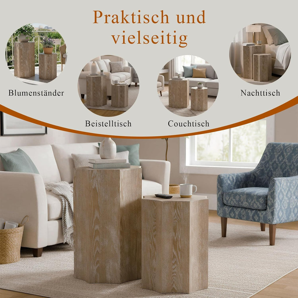 Nesting Tables Set of 2,Wood Nesting Coffee Table,Octagonal Side Tables for Living Room,Modern Plant Stand for Balcony,Nightstand for Bedroom,Fully Assembly,Natural Finish.