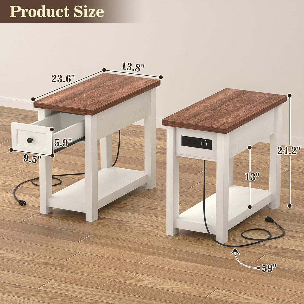 Narrow End Table Set of 2 with Charging Station - Farmhouse Side Tables with Drawer, 14' Wood Nightstands Set of 2 for Bedroom Living Room, Slim Couch Bedside Table Small Spaces, Antique White & Brown