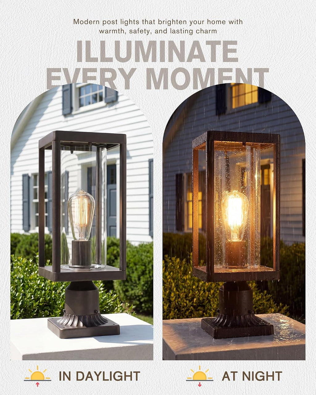 Beionxii Outdoor Post Lights, 20in Post Lantern with Pier Mount Base, Aluminum Street Lights with Glass, Fence Post Deck Lighting for Garden, Patio, Pathway, BXA291-P-2PK-ORB (NOT Solar, 110-120V AC)