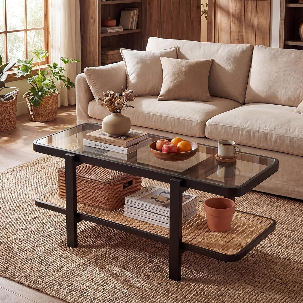 GOFLAME Rattan Coffee Table, 47.5' Solid Wood Center Table with Tempered Glass Top & Rattan Storage Shelf, Rectangular, Farmhouse, Boho, 2-Tier Mid Century Modern Tea Table for Living Room (Black)