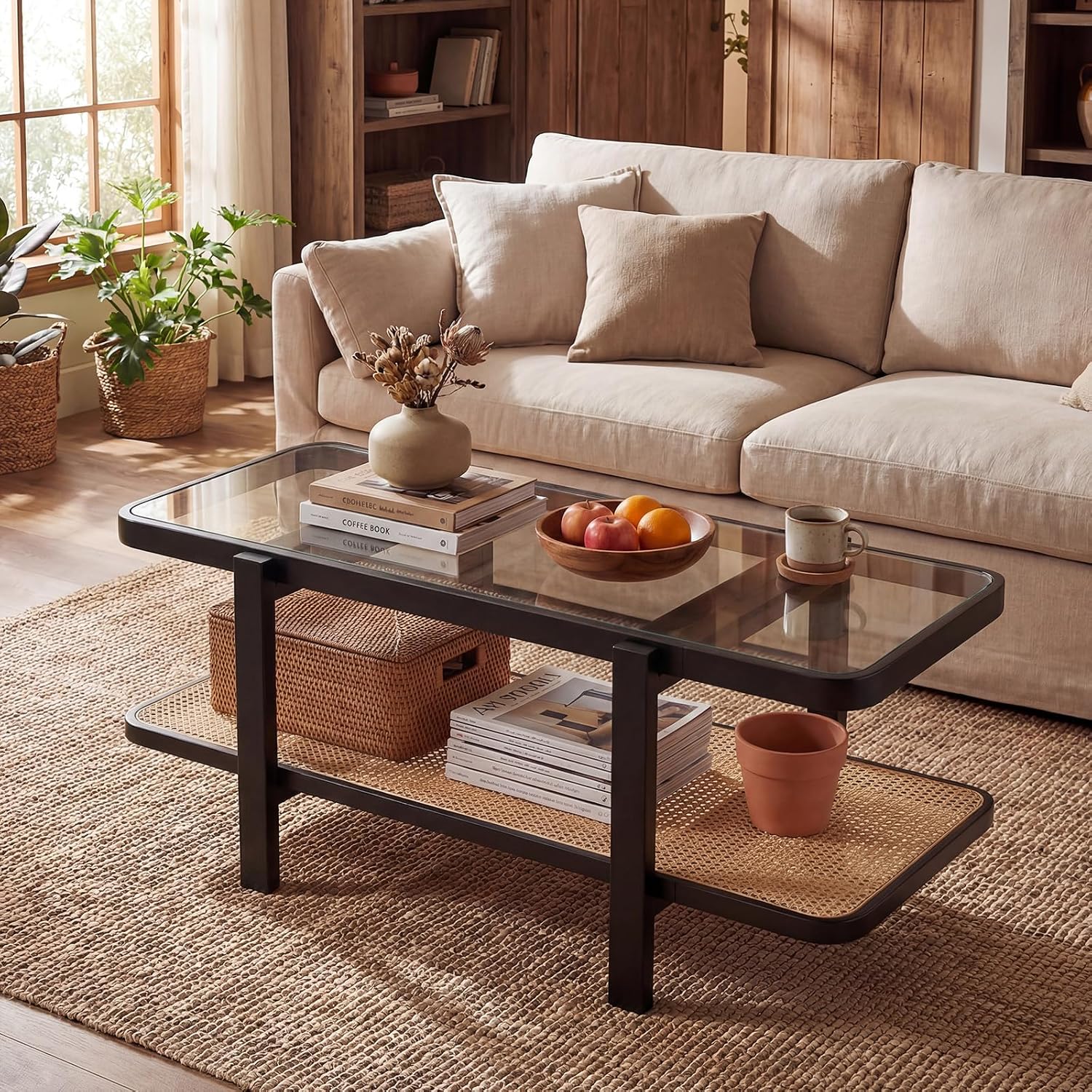 GOFLAME Rattan Coffee Table, 47.5' Solid Wood Center Table with Tempered Glass Top & Rattan Storage Shelf, Rectangular, Farmhouse, Boho, 2-Tier Mid Century Modern Tea Table for Living Room (Black)