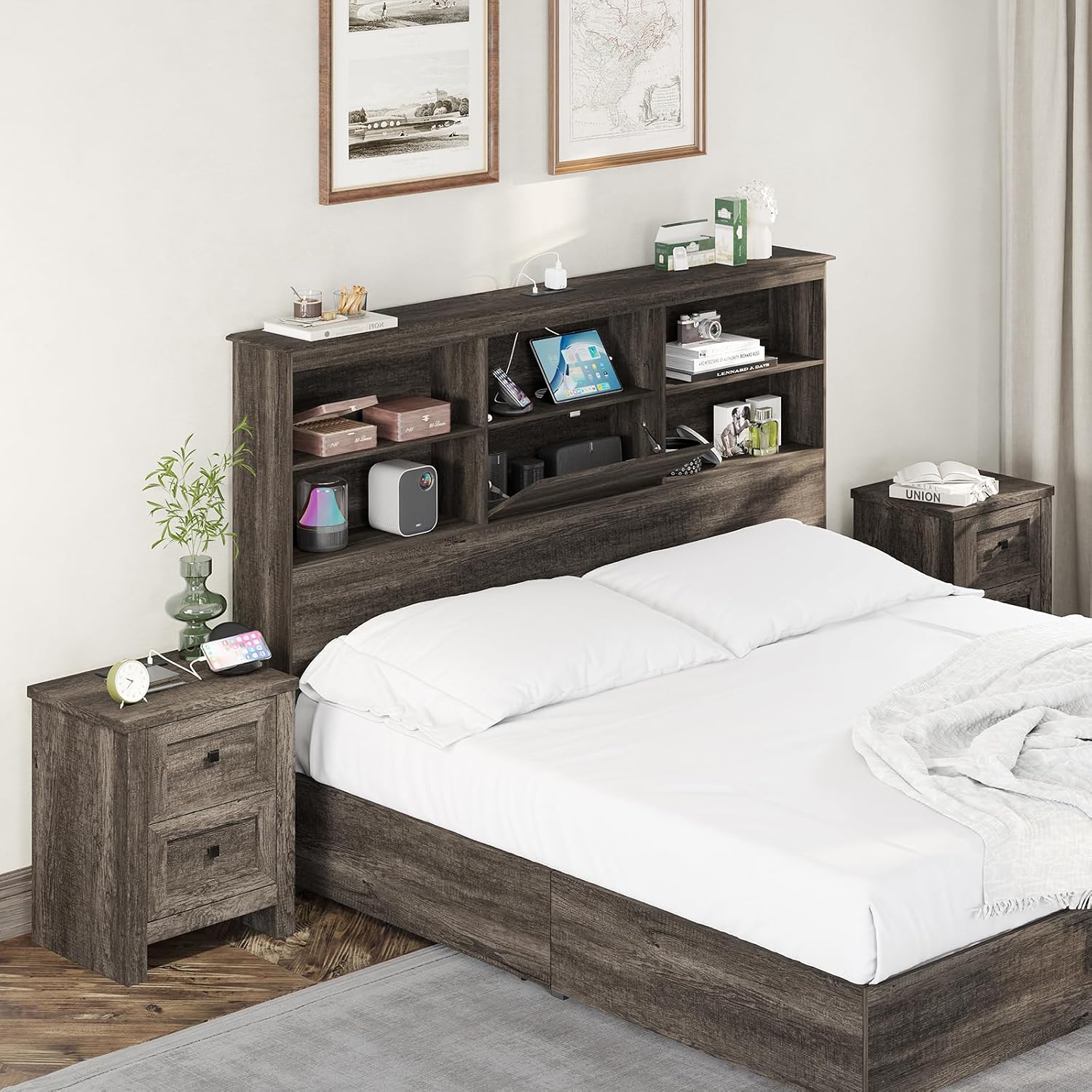 AMERLIFE Nightstand Set of 2 with Charging Station, Rustic Bedside Table with Drawers Storage, Farmhouse Wood Night Stand for Bedroom, Rustic Grey
