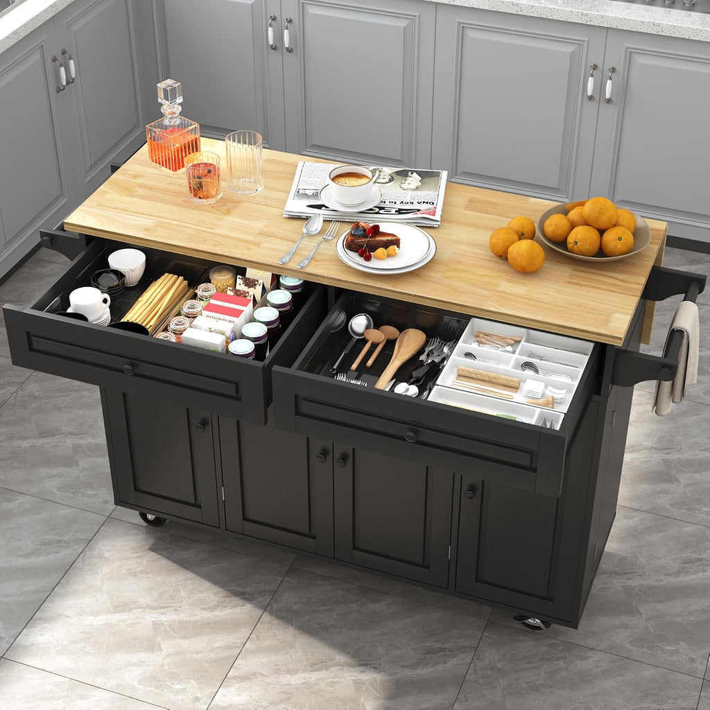 Squireewo 55' Kitchen Cart with Wood Top and Drop Leaf Breakfast Bar, Rolling Mobile Kitchen Island Table on Wheels with Drawer and Storage Cabinet, Spice Rack, Towel Rack, Black