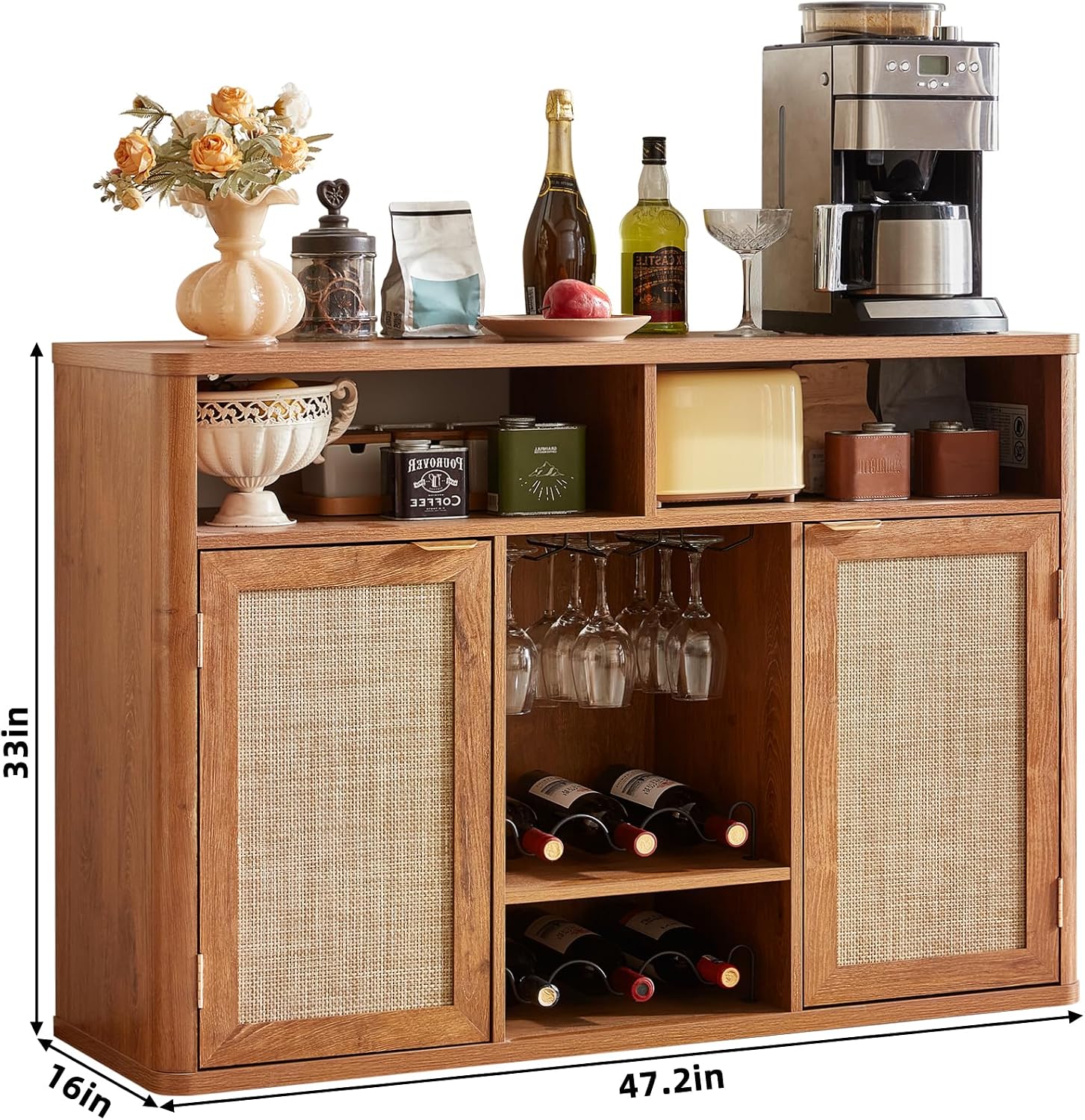 Lerliuo Rattan Wine Cabinet with 2 Doors, Boho Liquor Cabinet with Wine Racks, Farmhouse Coffee Bar Station for Living Room, Dining Room, Kitchen, Tea Brown