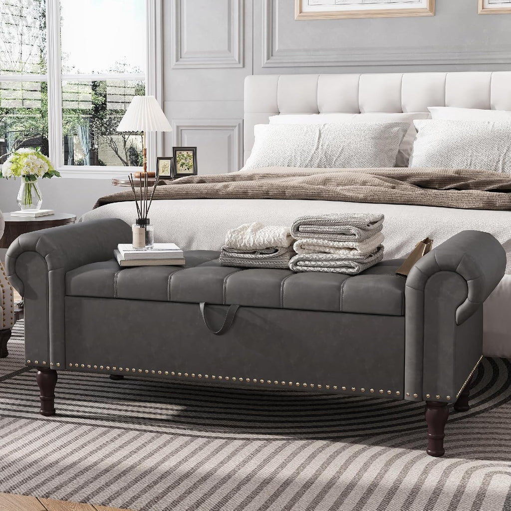 Apicizon 51' Bench with Storage, Upholstered Tufted Button Bedroom Bench with Storage, Faux Leather End of Bed Bench with Rolled Arms, Storage Ottoman Bench for Bedroom, Living Room, Entryway, Gray