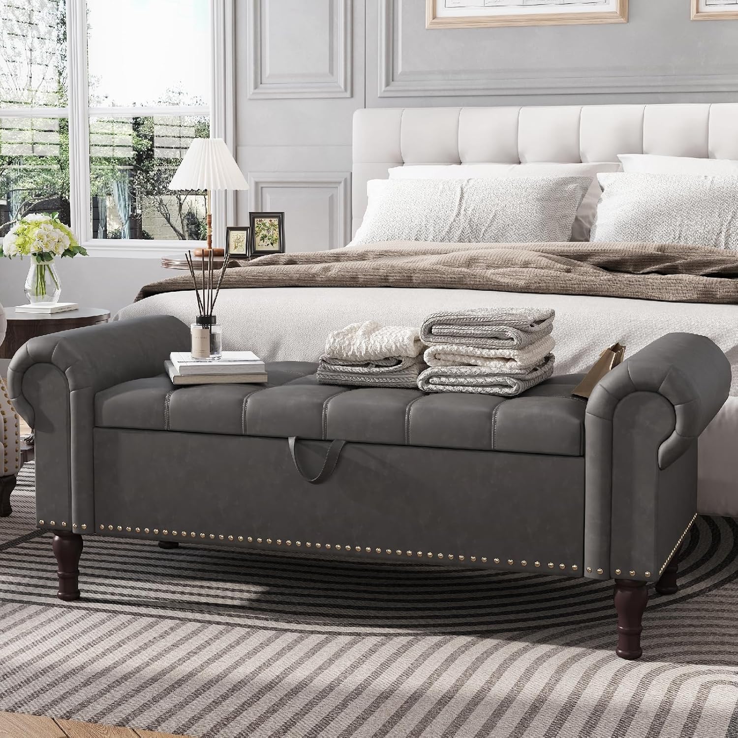 Apicizon 51' Bench with Storage, Upholstered Tufted Button Bedroom Bench with Storage, Faux Leather End of Bed Bench with Rolled Arms, Storage Ottoman Bench for Bedroom, Living Room, Entryway, Gray