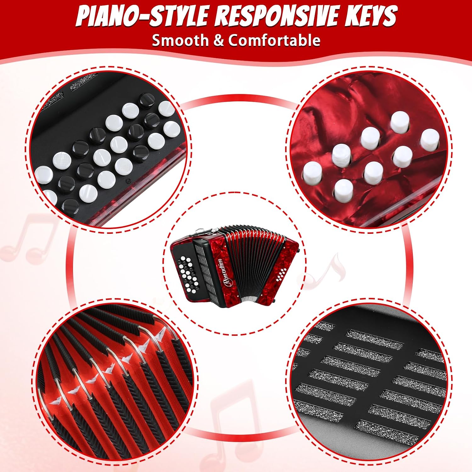 Accordions,22 keys Accordion,8 Bass Student Piano accordions Suitable for beginners and students Lightweight and portable, comes with a backpack and adjustable straps (8 Bass, Red)