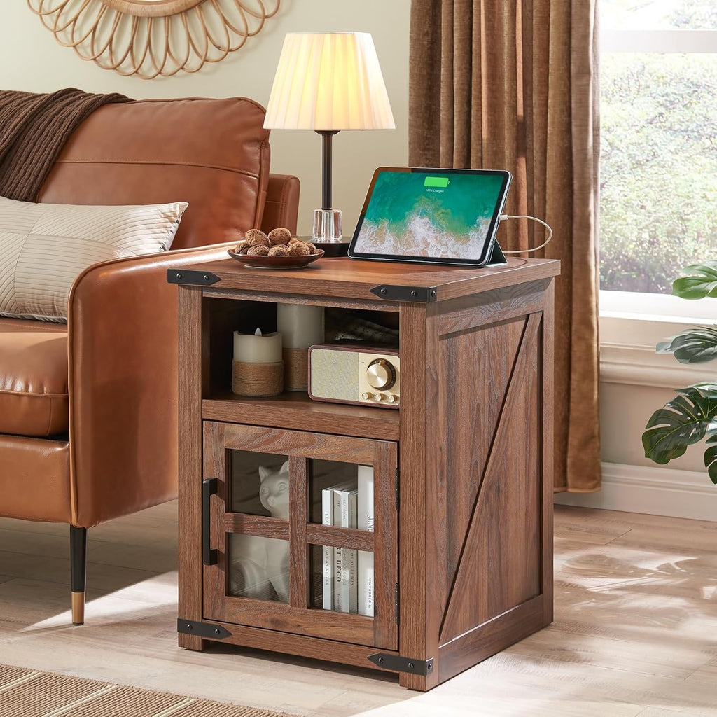 Barnyatoh Farmhouse Nightstand with Charging Station, Rustic End Table with Tempered Glass Barn Door, Wood Sofa Side Bedside Table with Open Storage Shelf for Living Room, Bedroom, Brown, 2 Pack