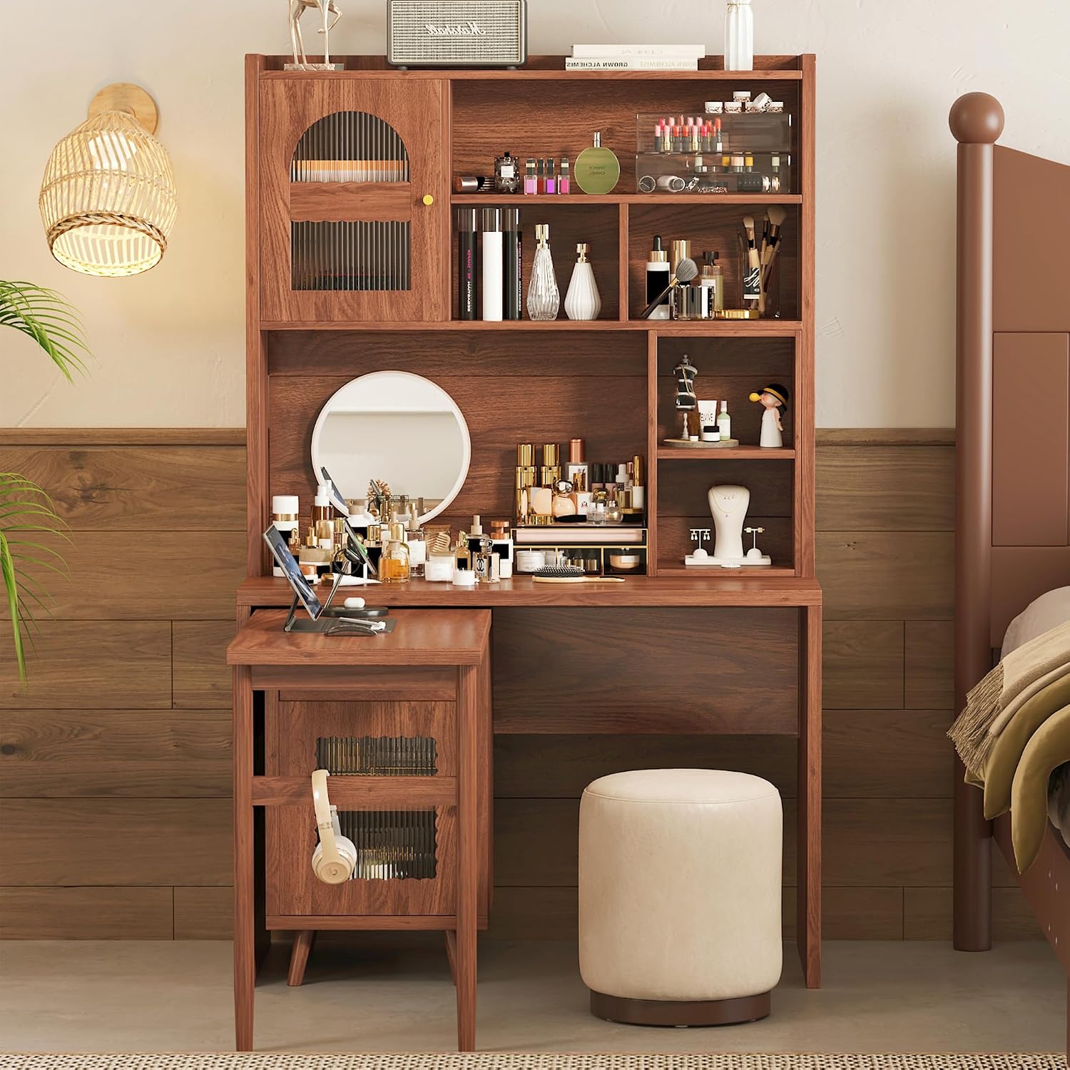 L Shaped Home Office Desks with 90° Rotating Retractable Desktop, Glass Door, Hutch, Drawers, Bookshelf & Storage Shelves, 43' Modern Gaming Computer Corner Table for Work, Study, Writing, Walnut