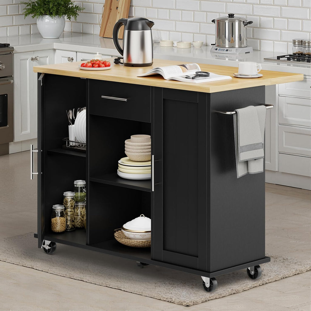 SUNLEI Rolling Kitchen Island Cart with Wheels, Island Table for Kitchen, Farmhouse Kitchen Cart with Drop Leaf & Towel Rack & Drawer, Kitchen Island with Storage Cabinet, Black