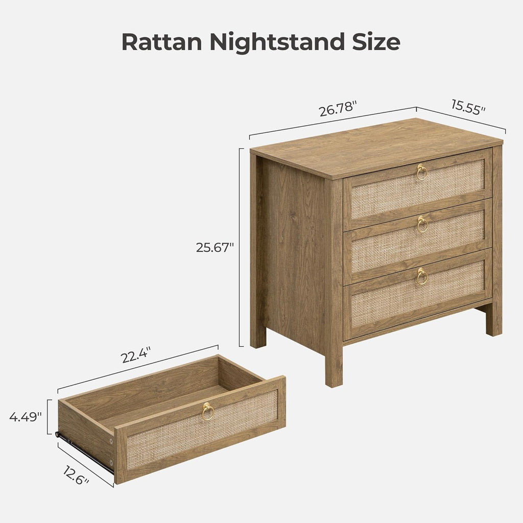SICOTAS Nightstand Set of 2 with Drawers, Rattan Nightstands, Large Modern Boho Night Stand Wide Bedside Tables for Bedroom