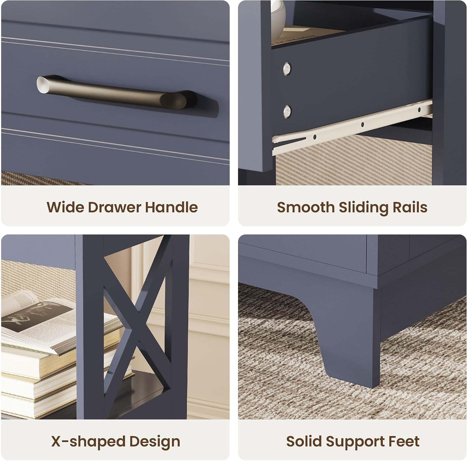 Tall Nightstand Set of 2 Side Table with 2 Drawers Modern Night Stand Wooden Rustic End Table Bedside Table with Upper Open Shelf Solid Feet for Bedroom Navy Blue+Walnut