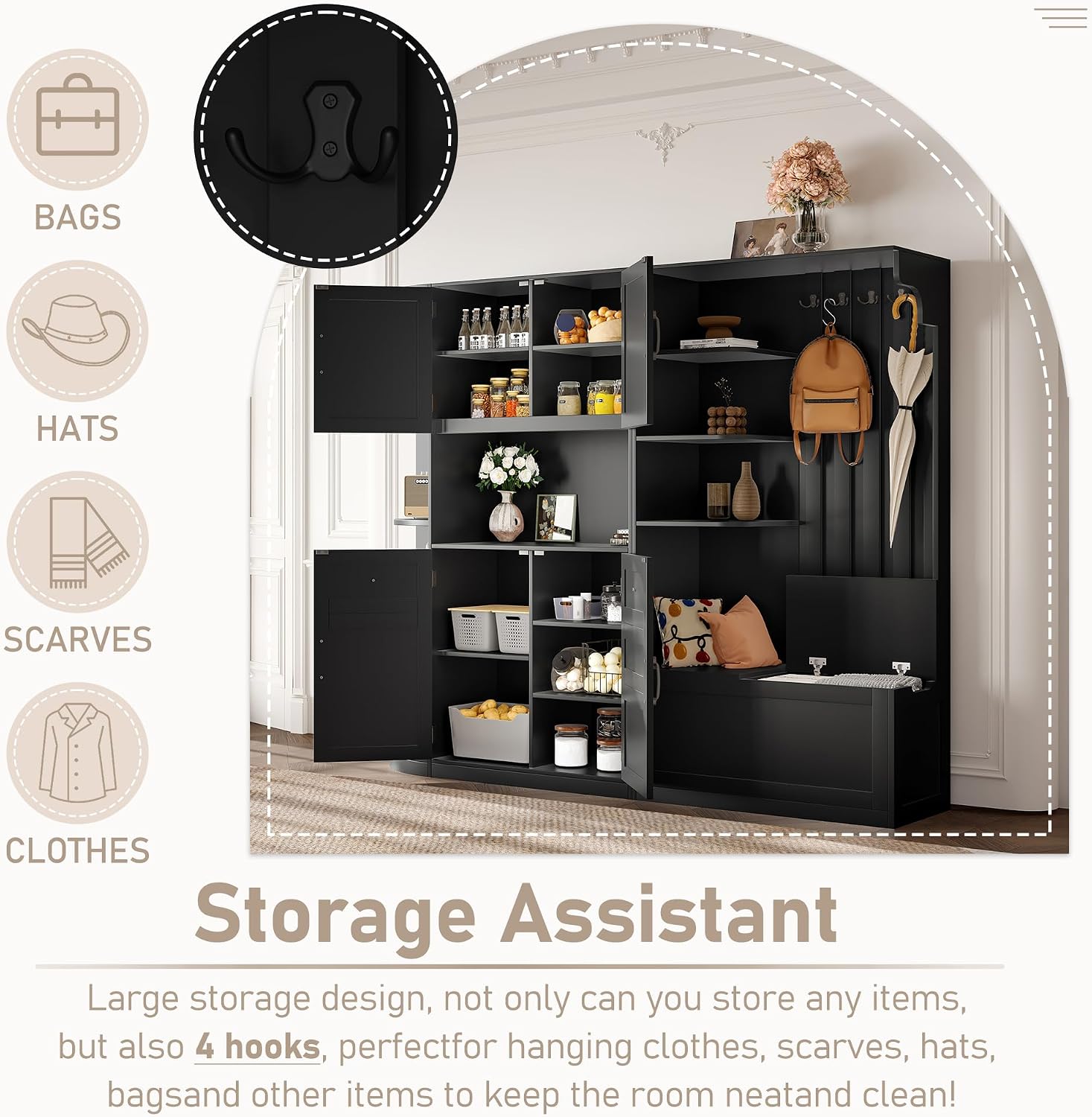 Multifunctional Hall Tree with Shoe Bench & Storage Cabinet,2-in-1 Left-Right L-Shaped Corner Entryway Cabinets with Coat Rack & Open Shelves,Modern Storage Organizer for,Living Room (Black)