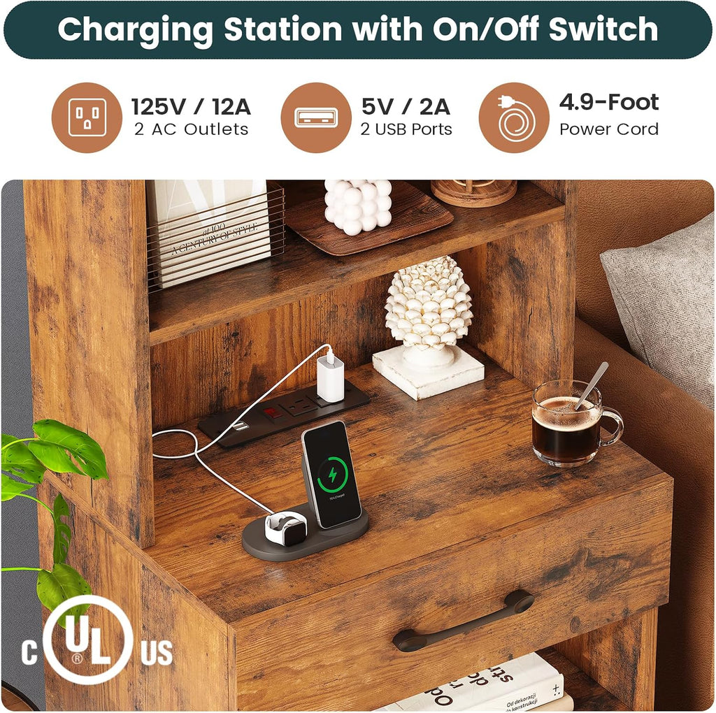 AOGLLATI Tall Night Stand Set of 2, Nightstand with Charging Station and LED Lights, Rustic Brown Bedside Table with Bookshelf, 3 Drawers and Open Shelves, Modern End Side Table for Bedroom