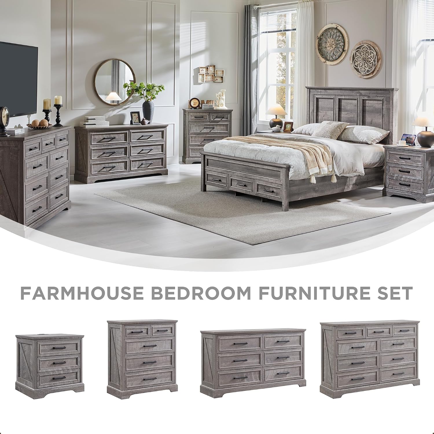 ACCOHOHO Farmhouse Nightstands Set of 2, 22 Inch Wide End Table with Charging Station & 3 Large Drawers, Rustic Wood Small Dresser Chest of Drawers for Bedroom, Living Room, Grey