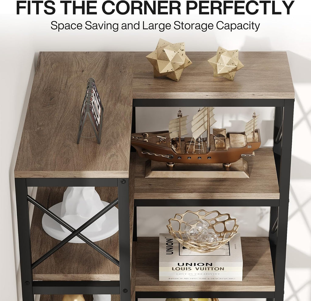 Tribesigns 7-Tier Corner Bookcase, Industrial Large Corner Bookshelf, 7-Shelf Tall Corner Shelf Storage Display Rack with Metal Frame for Living Room Home Office, Grey