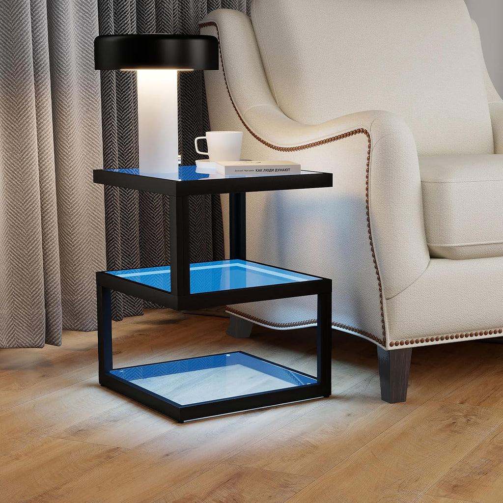 3-Tier Tempered Glass Side Table with Metal Frame, USB Port and Dimmable Blue LED Light Strip for Living Room & Bedroom 15.7' x 15.7' x 19.7' (Square)