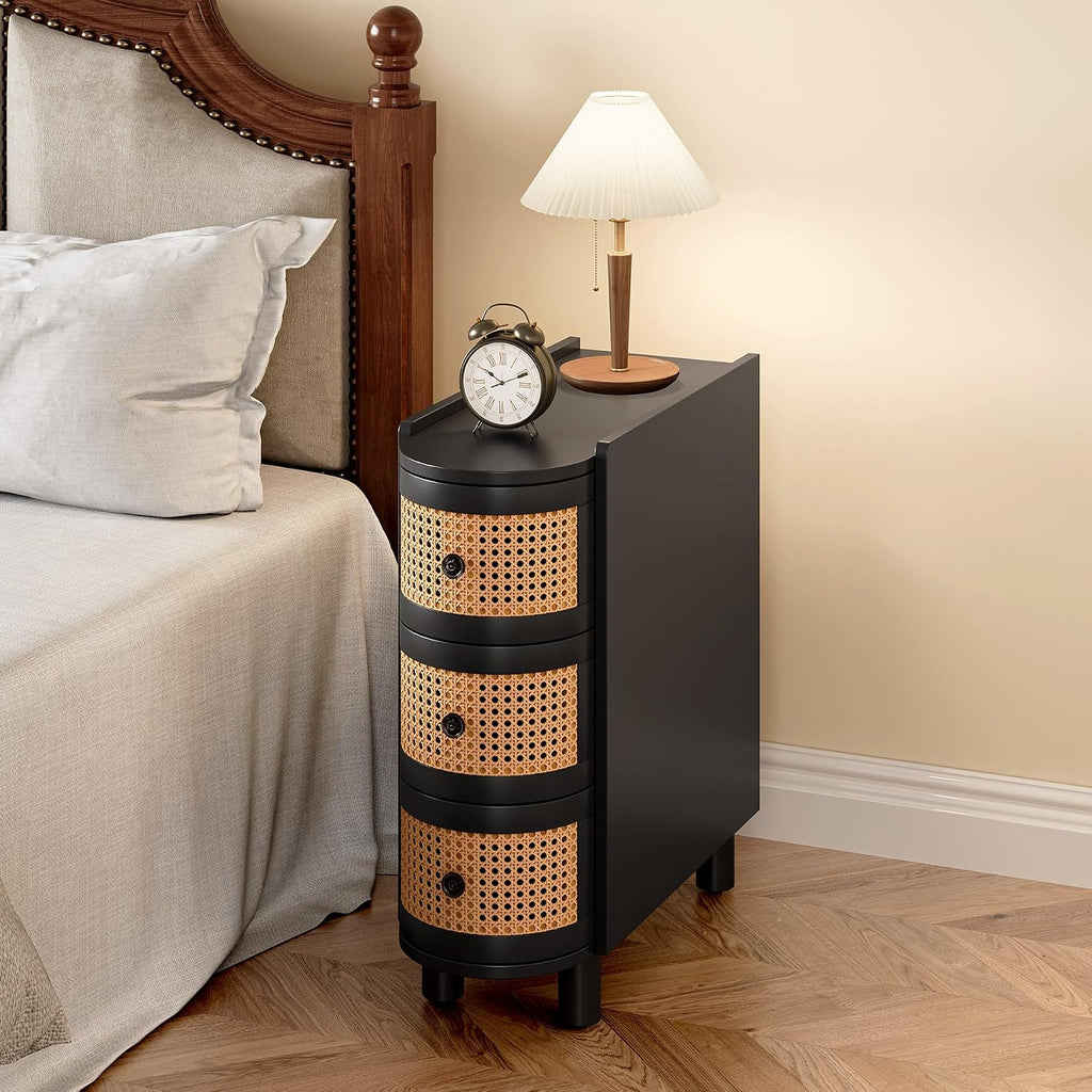 LITTLE TREE End Table, Rattan Narrow Side Table with 3 Drawers, No Assembly Required, Solid Wood Nightstand, Bedside Table for Living Room, Bedroom, Office, Bathroom, Black