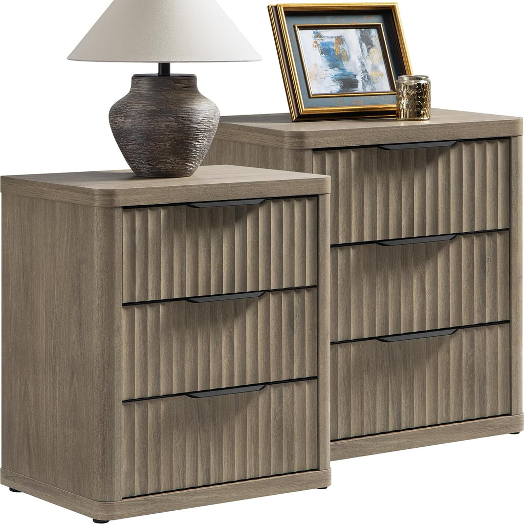 SICOTAS Night Stand Set of 2 Nightstands with 3 Drawers Storage Bedside Table Large Fluted Bed Side End Table Modern 25.6' Tall Wide Night Stands for Bedroom Living Room Sofa Couch Office, Grey Alder