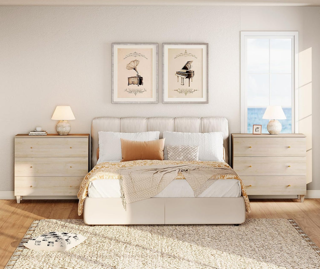 WAMPAT Set of 2 Nightstands with 3 Wide Drawers for Bedroom, Modern Wood Bedside Tables Chest Dressers Night Stands, Large Sofa Side End Tables for Living Room, Light Oak, 35 Inches