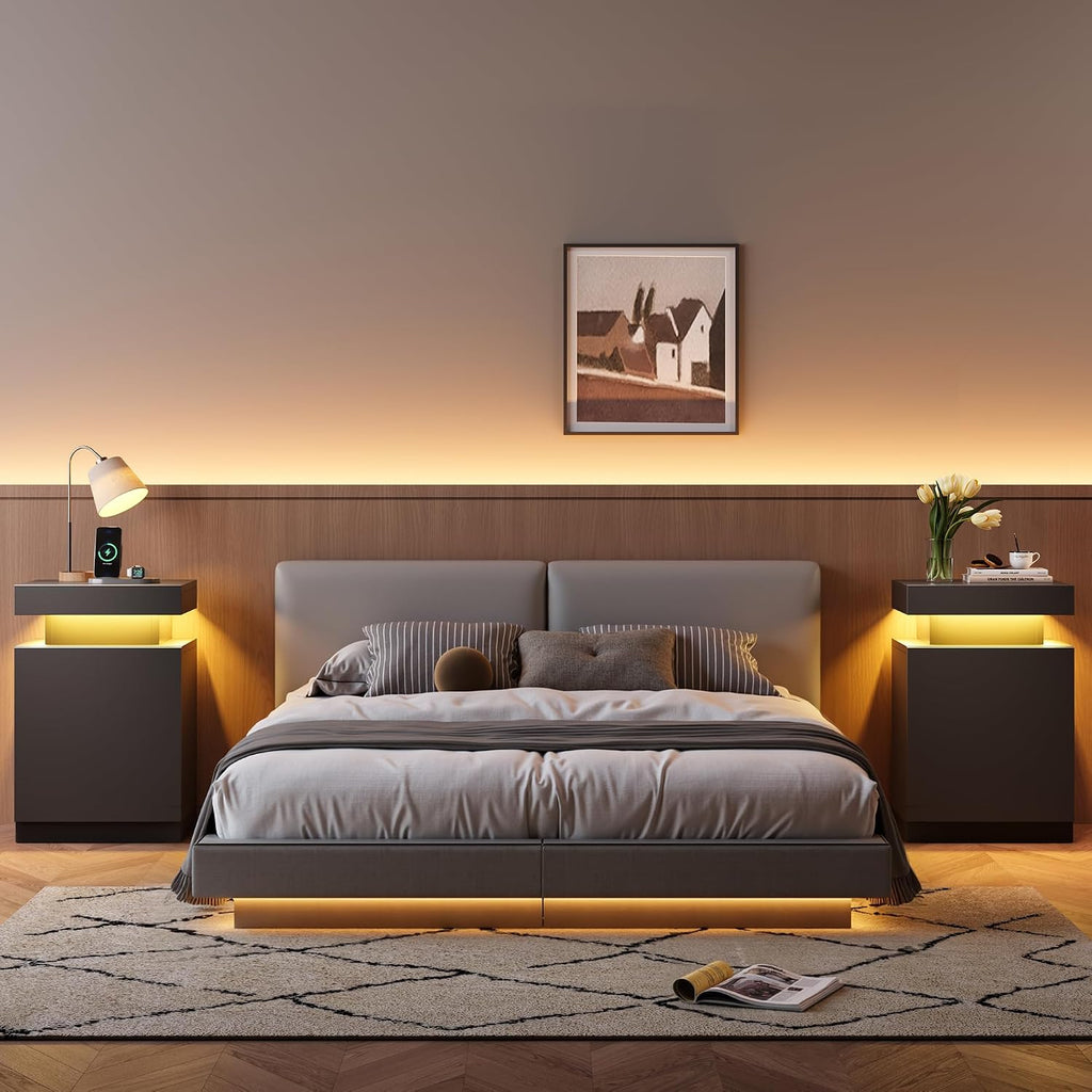MXV Nightstand with LED Lights & Charging Station, Black Bedside Tables with USB Ports, Storage Cabinet & Drawers for Bedroom, Modern End Tables for Living Room