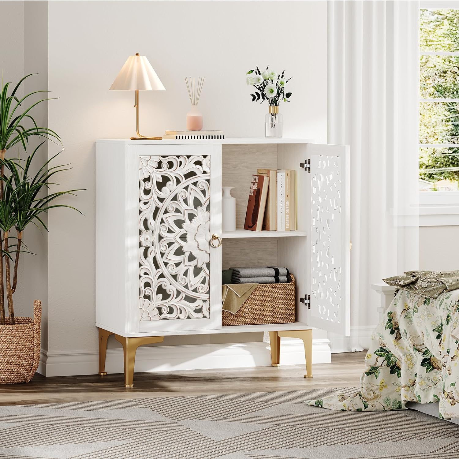 JOINICE 31.5' Accent Storage Cabinet with Carved Doors, White Boho Sideboard for Storage, Coffee Bar Cabinet & Entryway Table with Gold Legs, Decorative Buffet Cabinet for Dining Room, Living Room