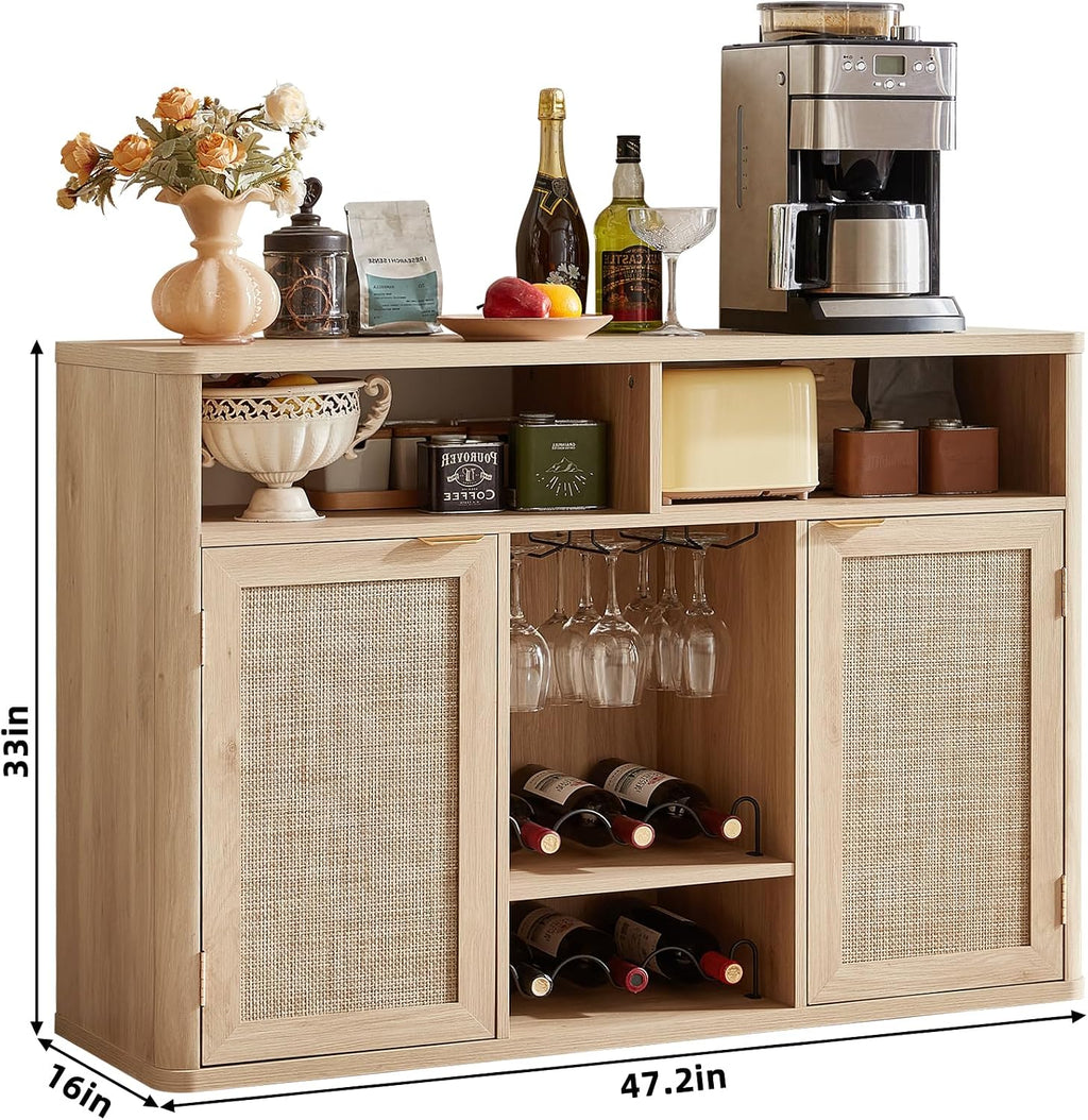 Lerliuo Rattan Wine Cabinet with 2 Doors, Boho Liquor Cabinet with Wine Racks, Farmhouse Coffee Bar Station for Living Room, Dining Room, Kitchen, Natural Wood