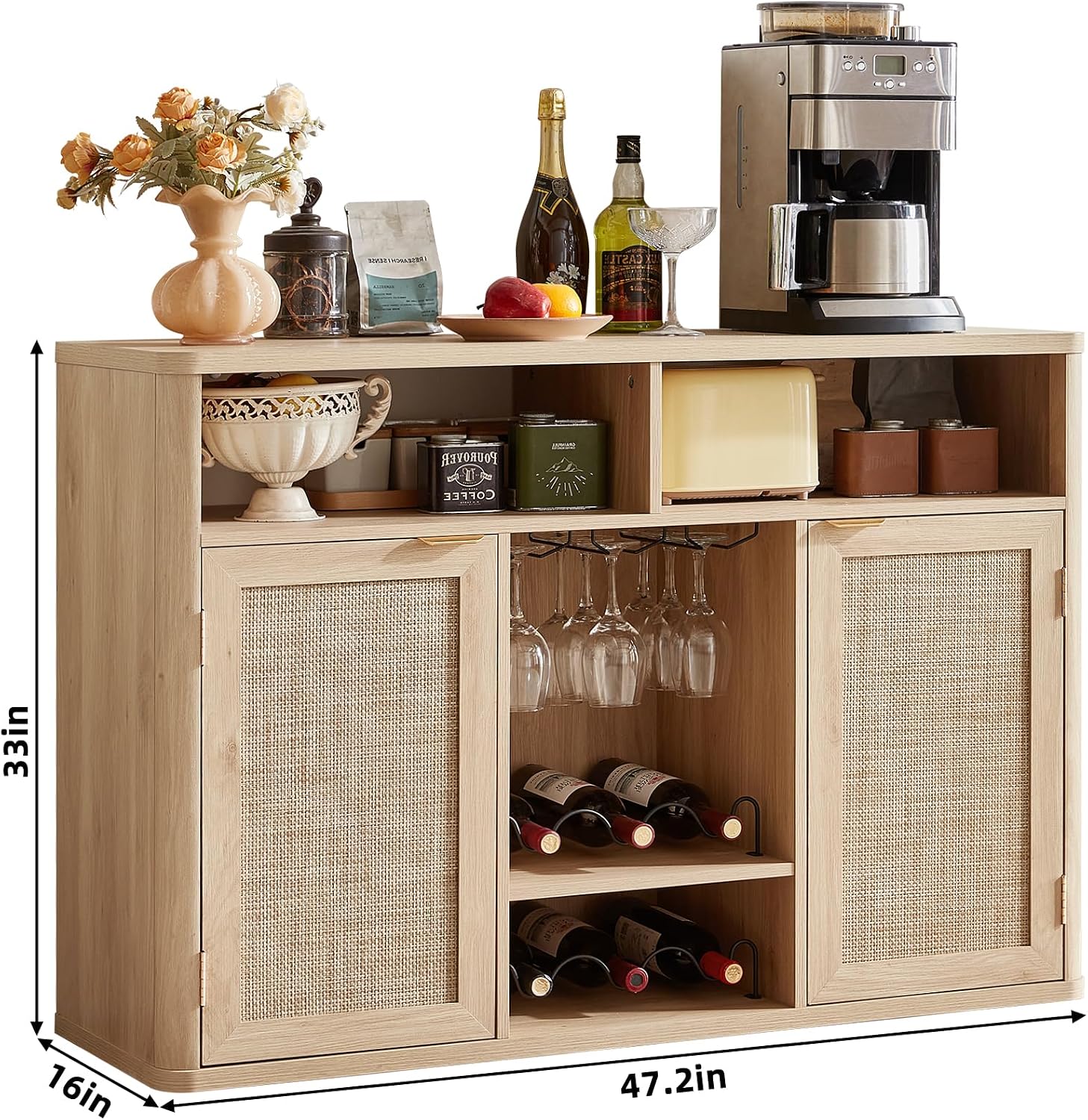 Lerliuo Rattan Wine Cabinet with 2 Doors, Boho Liquor Cabinet with Wine Racks, Farmhouse Coffee Bar Station for Living Room, Dining Room, Kitchen, Natural Wood
