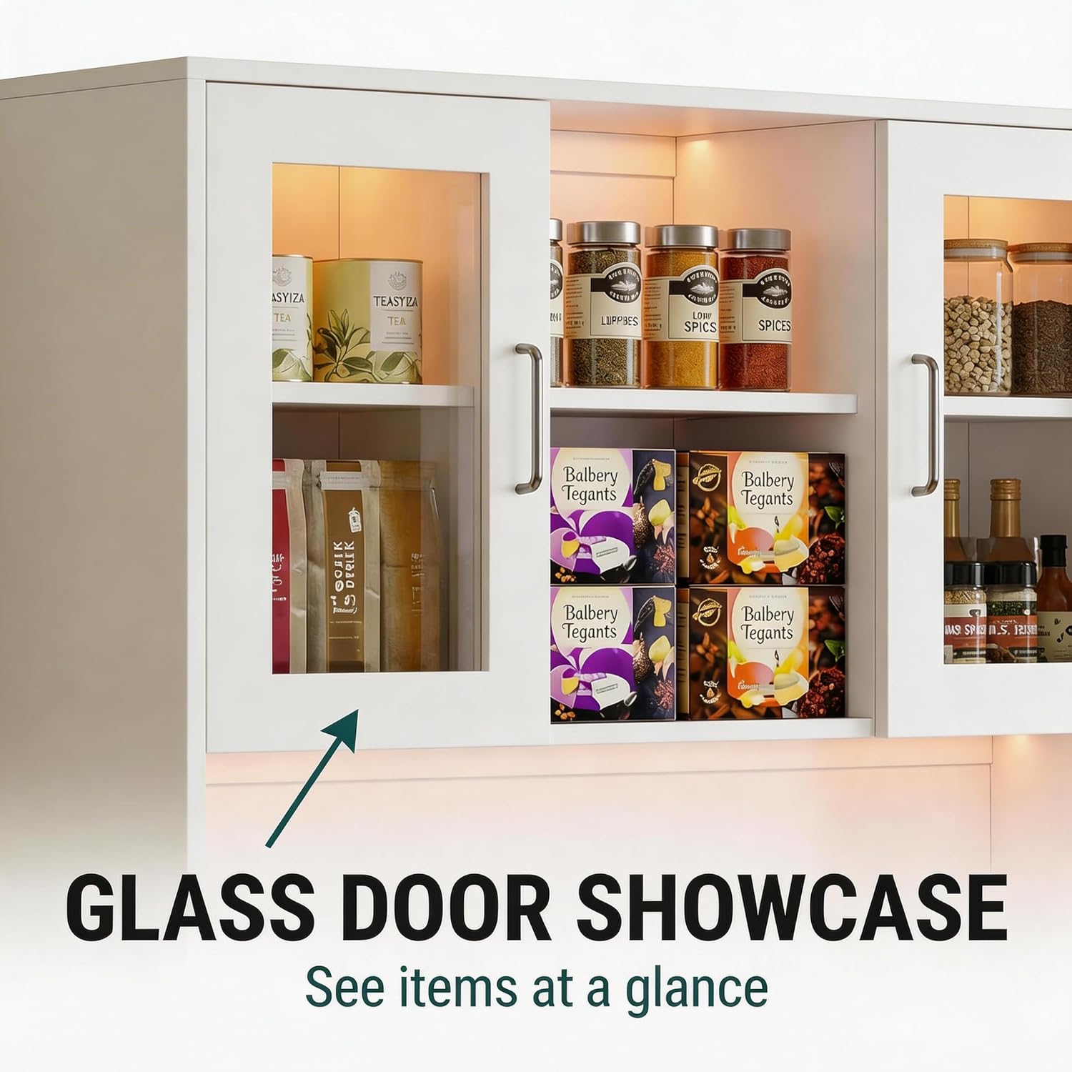 71' Kitchen Pantry Cabinet,Tall Storage Cabinet with Doors & Shelves Adjustable, Kitchen Storage Hutch with Microwave Shelf,Coffee Bar,Led Lights&Charging Station,Corner Pantry Cabinet for Living Room