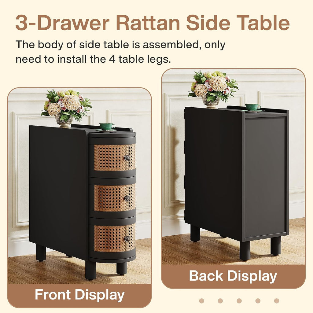 Tribesigns Solid Wood End Table, 3-Drawer Rattan Side Table, Night Stand with 3 Rattan Drawers and Exquisite Embossed Handles for Living Room, No Assembly Required (Black & Oak, 1PC)