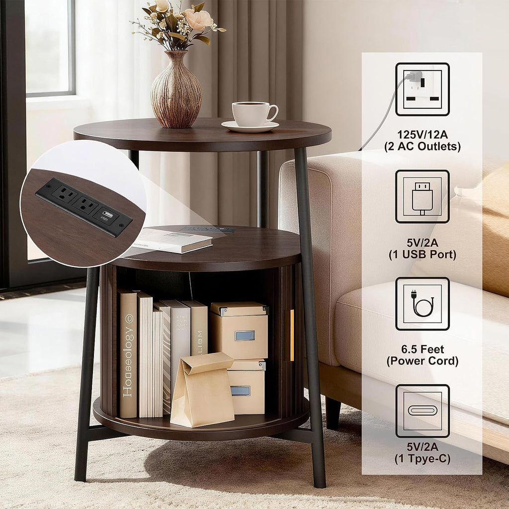 DHH Round End Tables Set of 2 & Charging Station, Fluted Accent Side Table with Sliding Door, Mid-Century Modem Nightstand Set for Small Space Storage, Living Room, Bedroom,Sofa Couch(Dark Walnut)