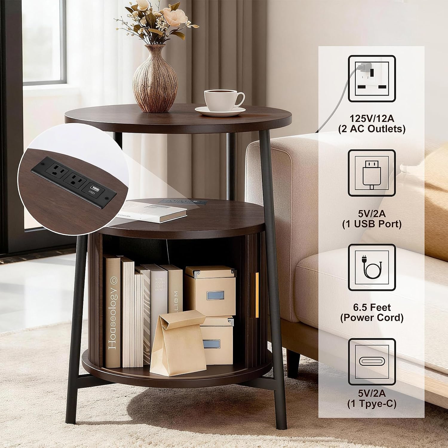 DHH Round End Tables Set of 2 & Charging Station, Fluted Accent Side Table with Sliding Door, Mid-Century Modem Nightstand Set for Small Space Storage, Living Room, Bedroom,Sofa Couch(Dark Walnut)