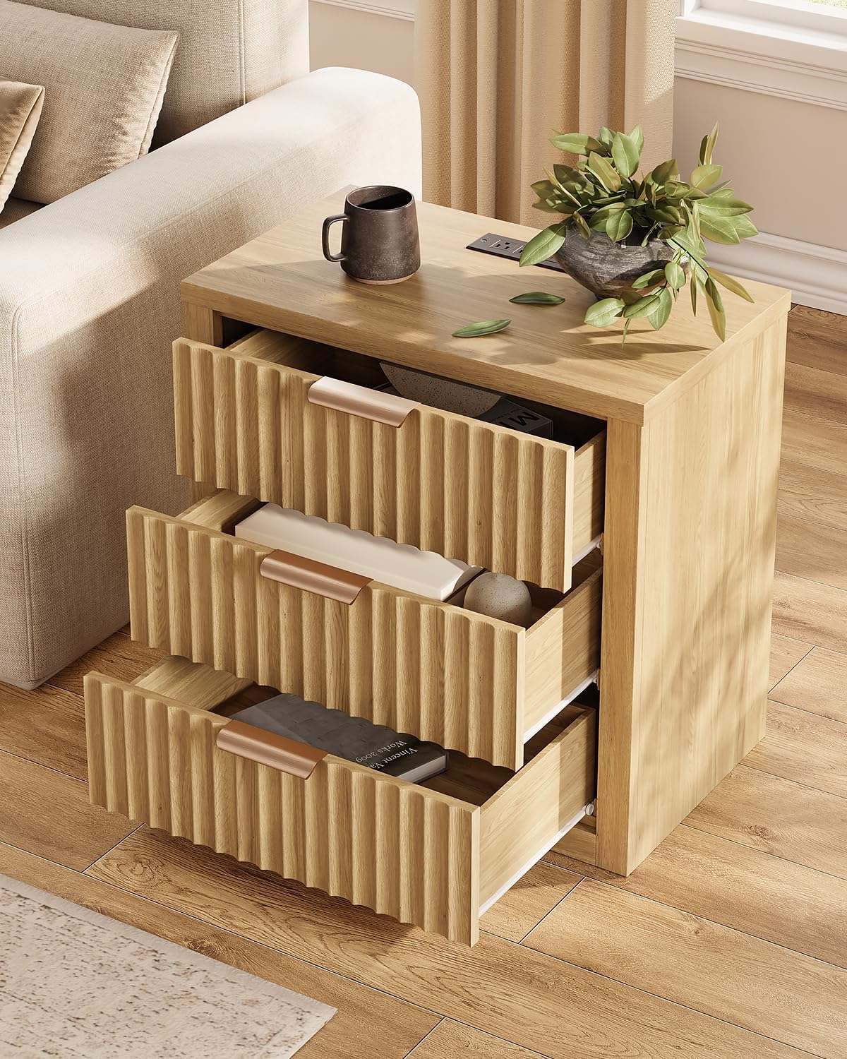 24' Fluted Night Stand with Charging Station, Wood Bedside Table with 3 Drawers, Modern nightstand for Bedroom, Office, Natural Oak