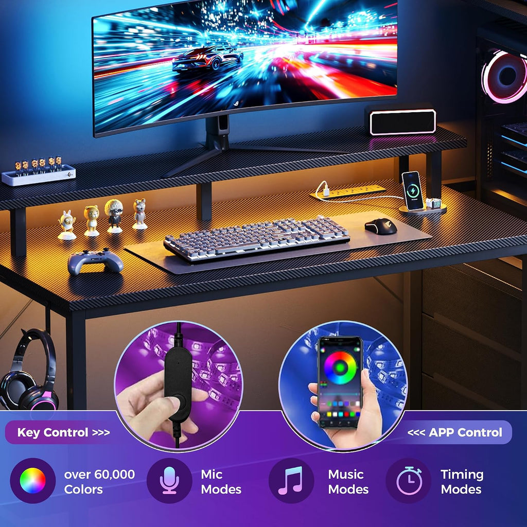 NEWBULIG Computer Gaming Desk with USB Charging Ports & LED Light, 52inch Home Office Desk with Storage Shelves & Monitor Stand, Work Study Corner Table with Drawer, Carbon Fiber Black