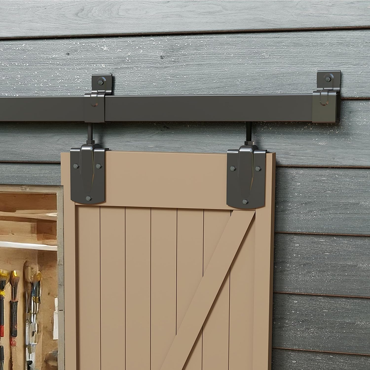 JUBEST 12FT Box Rail Exterior Barn Door Hardware Kit, Heavy Duty Sliding Door Track Kit Wall Mount Door Hardware Kit for Two Doors System(Doors Not Included), Black
