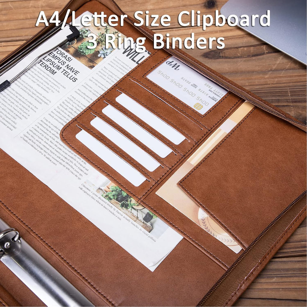 Personalized Genuine Leather Portfolio 3 Ring Binder with Clipboard, Hidden Handle, Custom Engraved 8.5 x 11 Zip Padfolio, Business Professional Organizer for Men Women, Brown