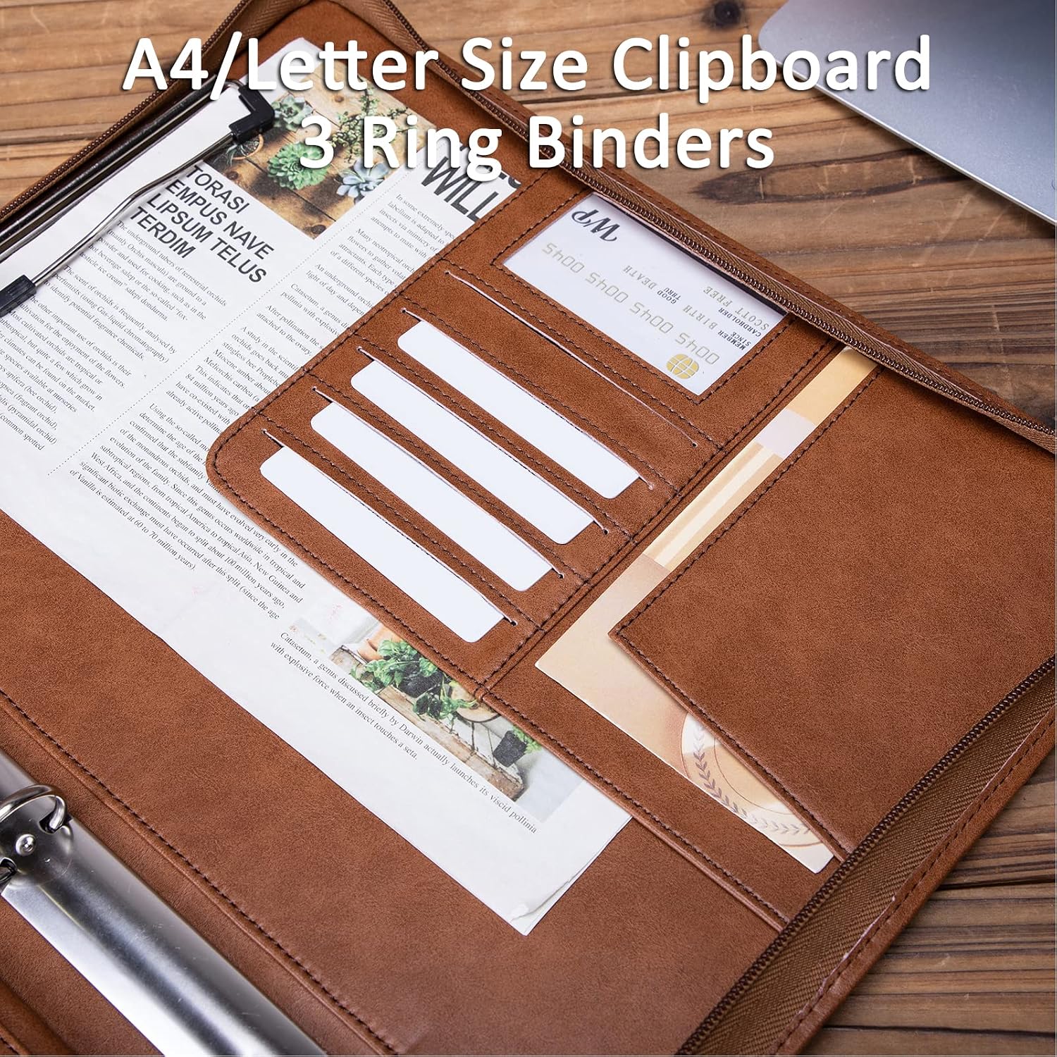 Personalized Genuine Leather Portfolio 3 Ring Binder with Clipboard, Hidden Handle, Custom Engraved 8.5 x 11 Zip Padfolio, Business Professional Organizer for Men Women, Brown