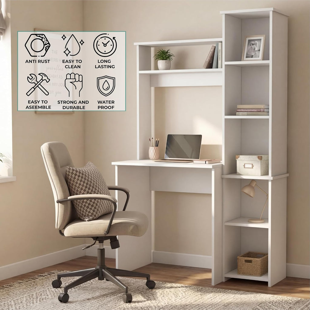 Tuhome Versalles Writing Desk with Two Superior Shelves, Five Side Open Storage Compartments, Space-Saving Modern Workstation Design for Studios and Offices, Ideal for Organization, Books